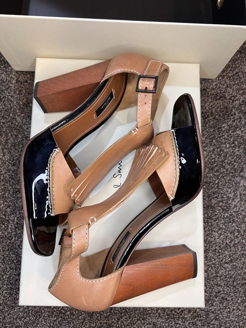 PAUL SMITH Womens Shoes Leather Tan & Black Patent Kilte Flap us 39.5 Heels 8.5